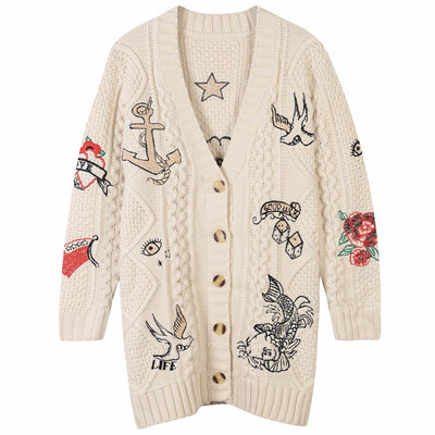 

New street V collar embroidery jacket all-match long carp swallow knit cardigan