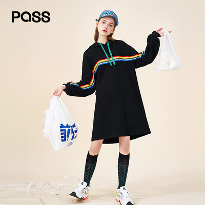 

PASS2019 spring new long-sleeved black sweater dress female loose student color striped tie drawstring hooded shirt tide black M