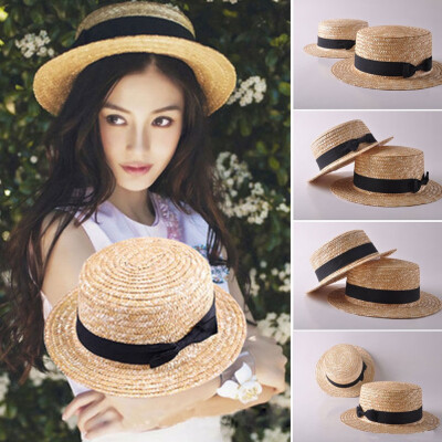 

Fashion Women Girls Summer Boho Straw Sun Hat Bow Flat top Wide Brim Beach Cap