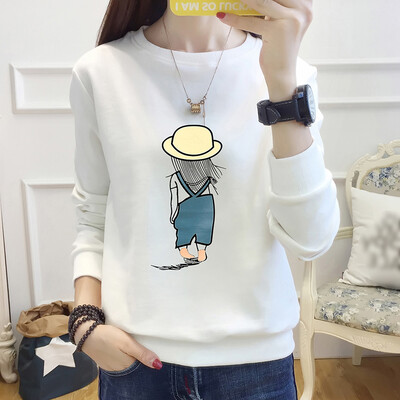 

Long Yue womens 2019 spring new long-sleeved T-shirt female Korean version of the loose round neck pullover shirt student sweater LWTC191364 white
