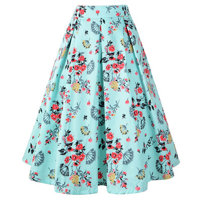 

Hepburn cotton plaid printed retro skirt large swing high waist pleated skirt