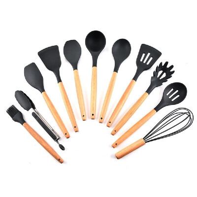 

Silicone Kitchen Utensil Set 11 Pcs Beech Wooden Handle Heat-Resistant Non-Stick Spoon Spatula Ladle Cooking Tools