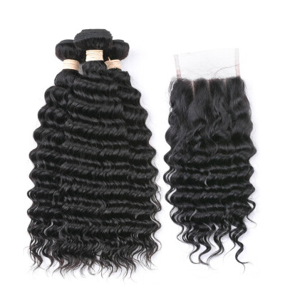 

BEAUDIVA Deep Wave 3 Bundles With 44 Closure Brazilian Hair Weave Bundles Free Part