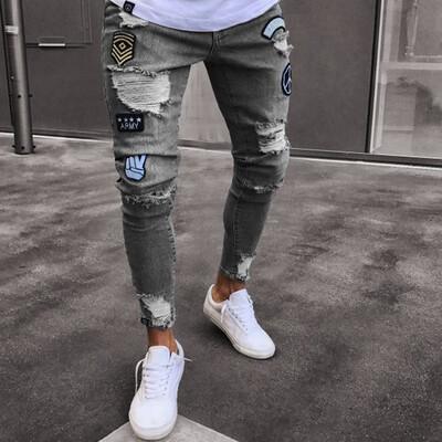 

Men Jeans Stretch Destroyed Ripped Design Fashion Ankle Zipper Skinny Elastic Waist