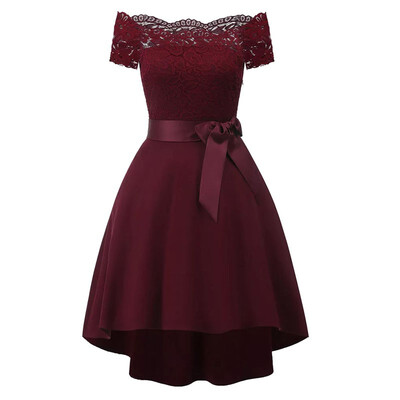 

Classic Women Lace Dress Sexy Boat Neck Female Party Prom Front Short Back Long A-line Dress