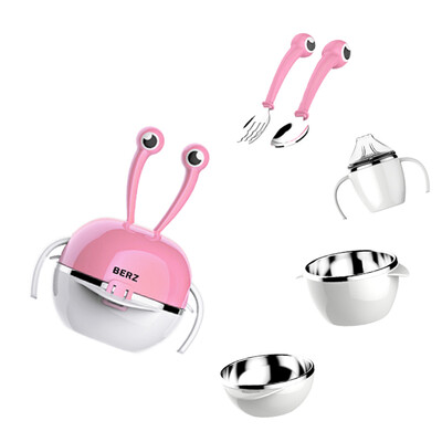 

5Pcs Stainless Steel Dinnerware Set Stack-up Portable Baby Tableware Kids Cups Plates Bowls Fork Spoon Pink Rabbit