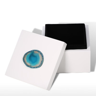 

Square Jewel Box Blue Agate-Small Size Agate Decoration Wooden Ring Necklace Storage Box Birthday Gifts for Women Black Velvet