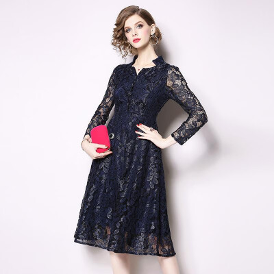 

M L XL XXL 3XL elegant new spring 2019 lace midi dress women long sleeve black blue flower vintage V neck A line lady