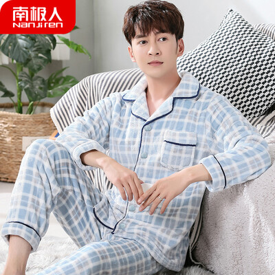

Antarctic pajamas men thick autumn&winter flannel youth students winter Korean mens coral fleece home service suit NAS5X21011JD-23 male blue gray square