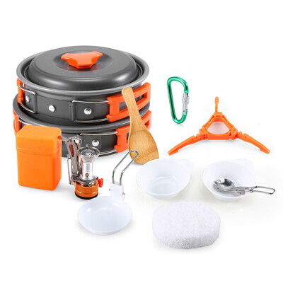 

Outdoor Camping 11Pcs Cookware Set Hiking Backpacking Picnic Cooking Pot Pan Set with Piezo Ignition Mini Stove for 1 - 2 People