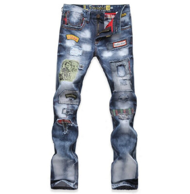 

AOWOFS Mens trousers trend washed cotton jeans Shredded Jeans Slim pants 8037