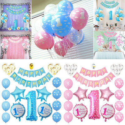 

Boy Girl Happy First Birthday Party Decoration Set Birthday Hat Banner Flag Cake Topper Balloons Kit