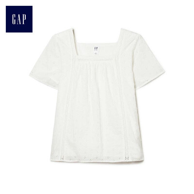 

GAP flagship store childrens clothing girls summer square collar short-sleeved embroidered hollow shirt 294590 light sense bright white 120cm S