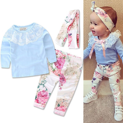 

Willstar 3pcs Newborn Baby Infant Girls Cotton Light Blue Big Lace Lace Turban Long Sleeve Trousers Three-Piece Set