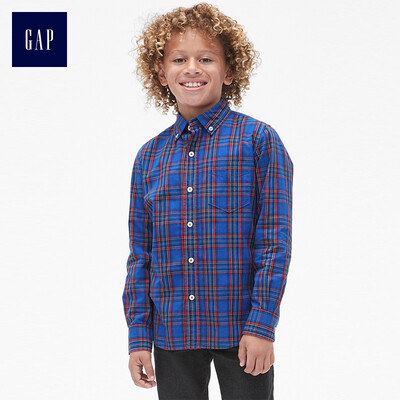 

GAP flagship store boy poplin plaid straight long-sleeved shirt 400136 cobalt blue XS