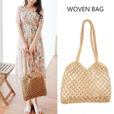 

Woven Bag with Mesh Cord Woven Buckle Mesh Unlined Shoulder Bag