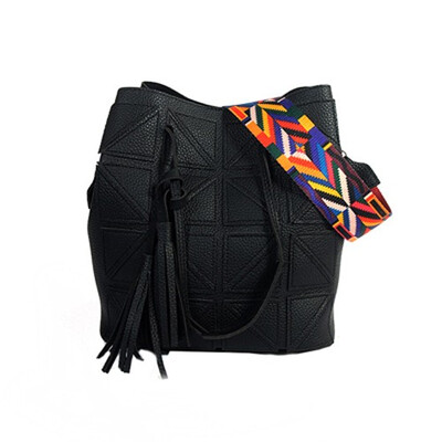 

Suture Bucket Handbags 2019 Women Patchwork Pu Leather Shoulder Crossbody Bag Female Vintage Colorful Wide Strap Bag blackgray