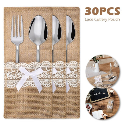 

30pcs DIY Wedding Lace Tableware Pouch Fork Knife Holder Pocket Jute Burlap Wedding Party Table Decoration