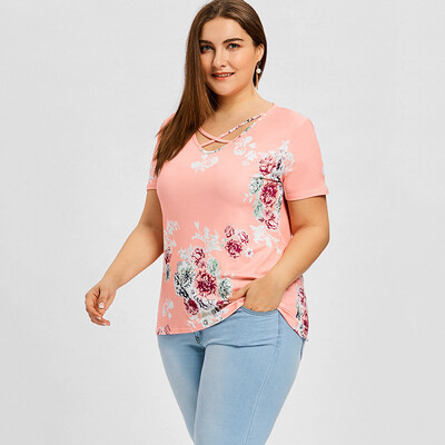

PREISEI New Summer Women Sweet Print T-Shirt Solid Soft Elastic V-Neck Short Sleeve Plus Size T Shirt Ladies Tops PR0385