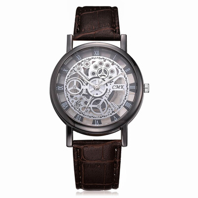 

J001 Men Engraving Hollow Leather Band Quartz Dress Watch