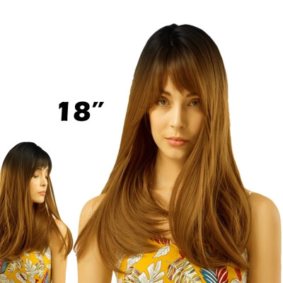 

18" Long Synthetic Wig with Bangs Gradient Brown High Density Heat Resistant Hair Wigs Womens Fashion