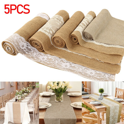 

5 PCS Retro Linen Lace Table Runner Set Flax Material Retro Table Flag Set