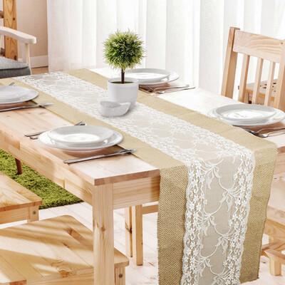 

Vintage Rustic Burlap Hessian Lace Table Runner Festival Party Wedding Home Decoration