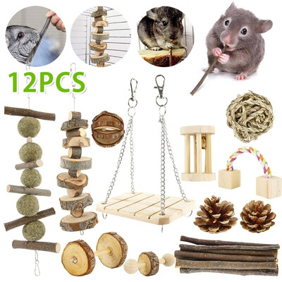 

12PCS Hamster Chew Toys Natural Wooden Gerbils Rats Chinchillas Toys Accessories