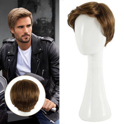 

Mens Fashion Wig Short Hair High Temperature Silk Fluffy Short Straight Brown Hair for Men