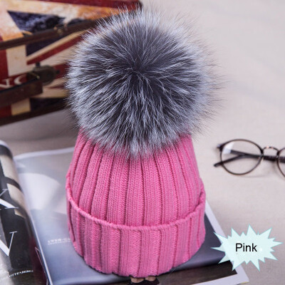 

Newest Large Ball Womens Hat Winter Warm Fox 15cm Fur Pom Knit Berets Ski Casual Pop Cap Bobble