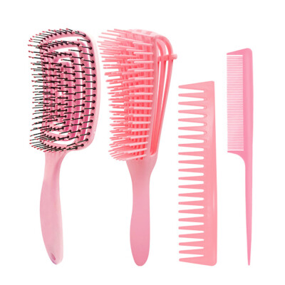 

Willstar 4PCSSet Detangling Hair Brush Hair Detangler Brush Wide Tooth Comb Set for Curly Thick Hair-Pink