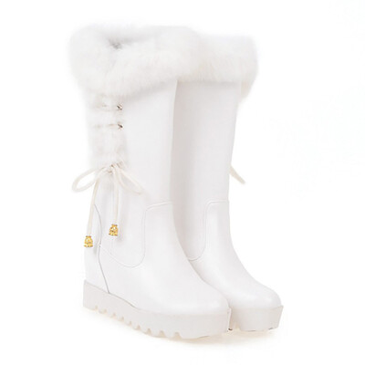 

IDIFU Womens Sweet Fluffy Fur Bow Splicing Round Toe Invisible Wedge High Heel Platform Pull on Mid Calf Snow Boots