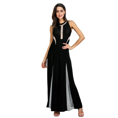 

PREISEI New Summer Women Sexy Elegant Perspective Patchwork Solid Dresses O-Neck Sleeveless Plus Size Long Maxi Dress PR2327