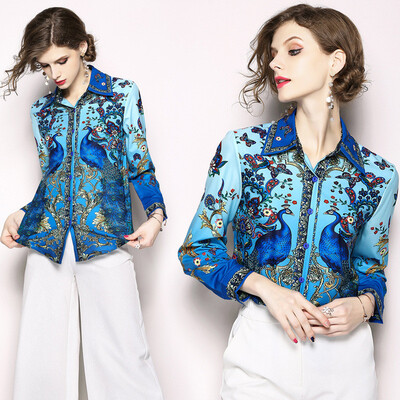 

DFYOP New Style Womens Prints Long Sleeves Gowns Lapel Shirts