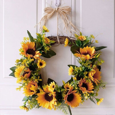 

Willstar Artificial Sunflower Wreath with Yellow Sunflower&Green Leaves Front Door Wreaths for All Seasons