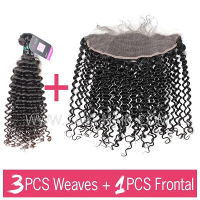 

Superior Grade mix 3 bundles with 134 lace frontal closoure Brazilian Deep Curly Virgin Human Hair Extensions