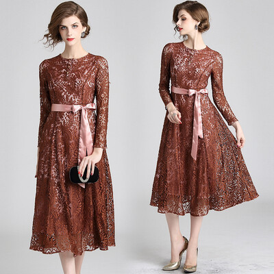 

2018 Autumn Women Bow Lace Dress Hook Flower Hollow Out Vestidos Work Casual Slim Vintage Long sleeve Party Dresses