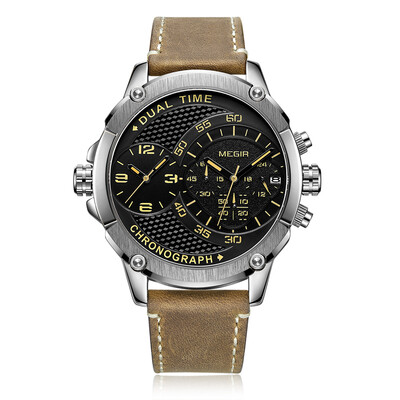 

MEGIR 2093G Man Watch Quartz Sport Dual Time Zone Leather Watch Digital Analog Waterproof Wrist Watch with Gift Box