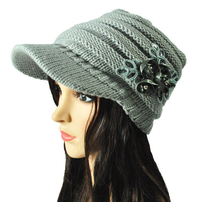 

Winter Women Cable Knitted Visor Hat with Flower Accent Thick Soft Warm Beanie Hats Wool Cap