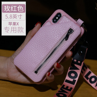 

Leather phone case iPhone5 6 7 8s plus protective shell lanyard youth PU leather zip all-inclusive for x xs max xr phone case