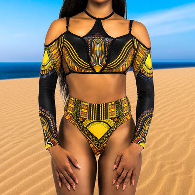 

Sexy Women Plus Size Bikini Set Print Cropped Top Long Sleeves High Waist Cut Out 2Pcs Swimsuit Swimwear