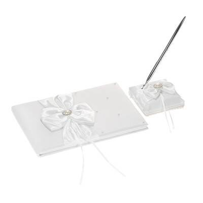 

White Satin Ribbon Wedding Guset Signature Book&Pen Stand Set with Rhinestone Faux Pearls Bowknot Decoration