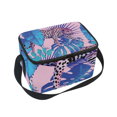 

ALAZA Insulated Lunch Box Leopard And Tropical Plants Lunch Bag for Men Women Portable Tote Bag Cooler Bag