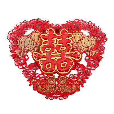 

New&new fine art luxury embroidered wedding double happiness word stickers Chinese style wedding supplies double-layer high-grade non-woven Chinese wedding pendant wedding room wedding car decoration heart-shaped lanterns hi