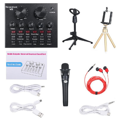 

V8 Multifunctional Live Sound Card Intelligent Volume Adjustable Audio Mixer Sound Card for Computer PC Live Sound with Microphone