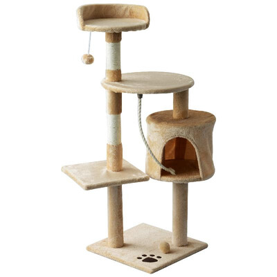 

45" Tall Cat Condo Tower Scratching Post Activity Tree House Furniture - BeigeWhite With Toys