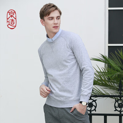 

JZAO mens sweater round neck long-sleeved casual pullover 2018 autumn&winter casual hatless sweater light gray XXL code