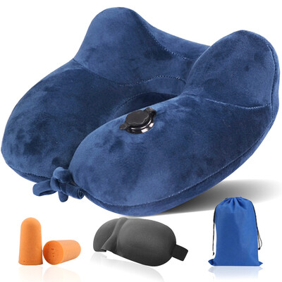 

Chic inflatable U-shaped pillow neck pillow inflatable pillow care cervical nap pillow travel three treasures with eye mask earplugs Navy