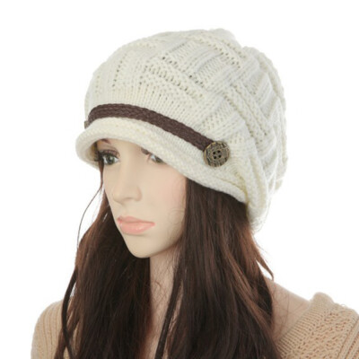 

Women Winter Knitted Braided Beanie Hats Cabled Checker Pattern Hat Beret Slouchy Button Leather Belt Cap