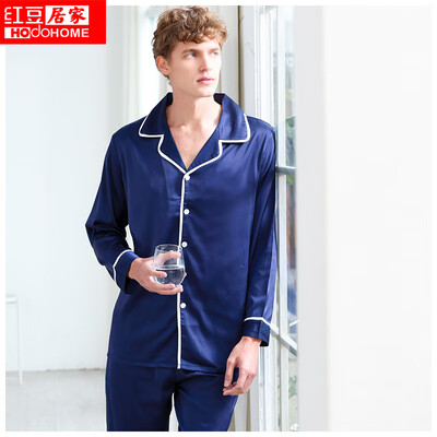 

Red Bean Home 2019 Spring&Summer New Mens Pajamas Simulation Silk Lapel Cardigan Long Sleeve Pants Casual Home Service Set 103 Navy Blue 17092A